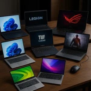 A high-resolution photograph displays nine high-performance laptops from brands like ASUS, MSI, Lenovo, Acer, Apple, Microsoft, and GIGABYTE arranged neatly on a wooden desk, showcasing different designs, screens, and lighting styles in a realistic workspace setting.