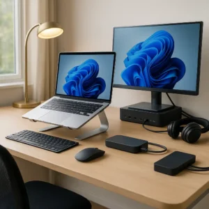 A modern home office setup with a laptop on a stand, external monitor, wireless keyboard, mouse, desk lamp, and organized accessories on a wooden desk.