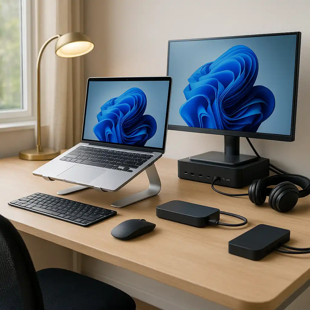 A modern home office setup with a laptop on a stand, external monitor, wireless keyboard, mouse, desk lamp, and organized accessories on a wooden desk.