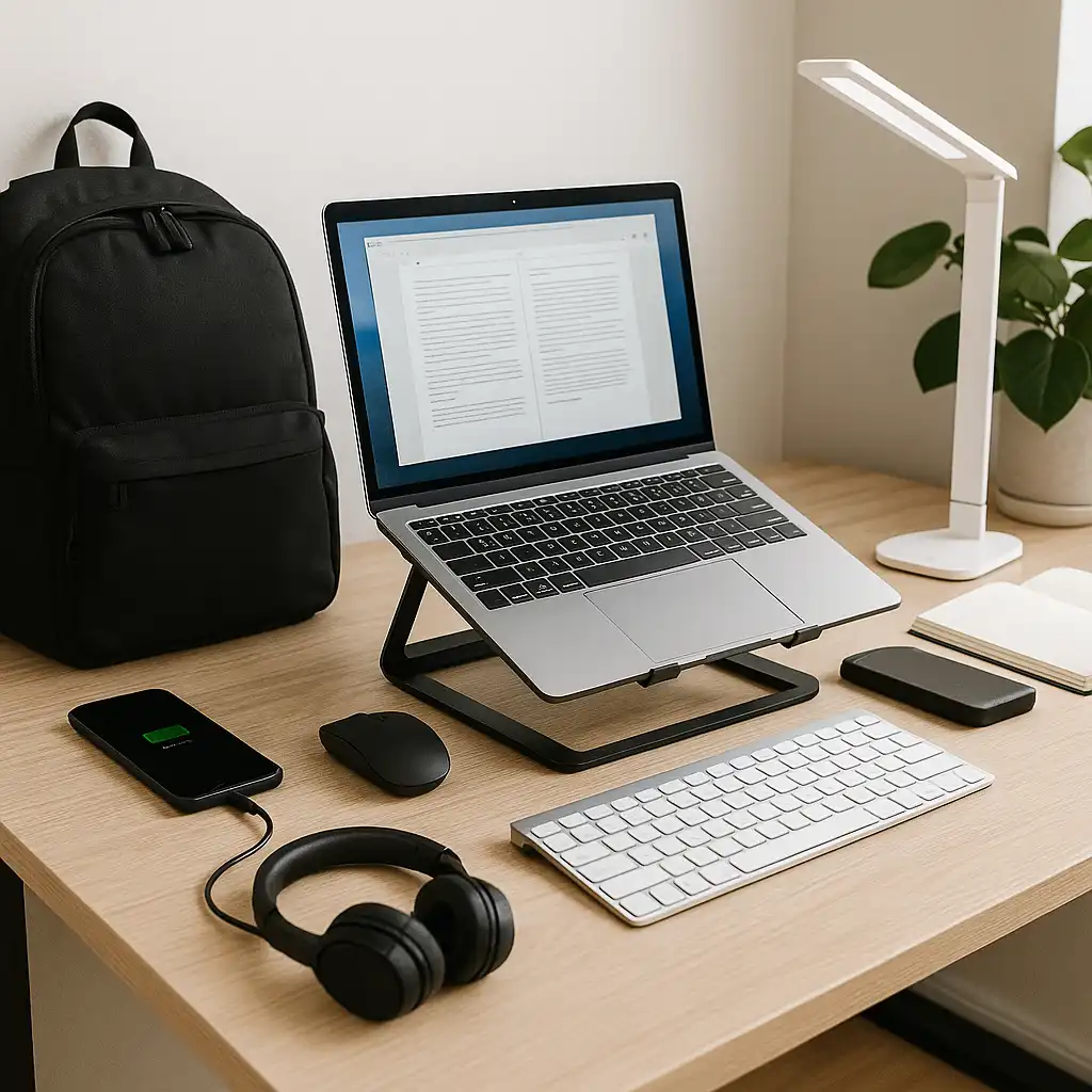 A clean student study desk with a laptop on a stand, wireless keyboard, mouse, headphones, smartphone charging, backpack, desk lamp, and portable hard drive.