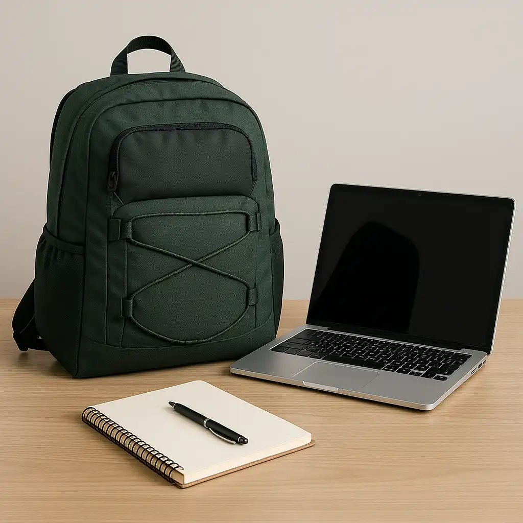 A dark green laptop backpack placed on a light wooden desk next to a silver laptop, notebook, and pen, showing a student setup.