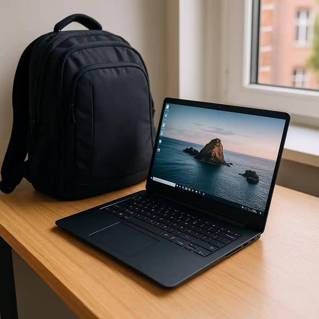 A black laptop with a slim design on a wooden desk next to a black laptop backpack, ideal for students and professionals who need portable laptop bags and cases.