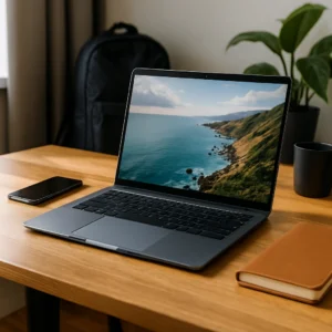 A sleek, dark gray laptop on a wooden desk with a coastal landscape on the screen, surrounded by a smartphone, notebook, coffee mug, and plant, with a black backpack in the background.