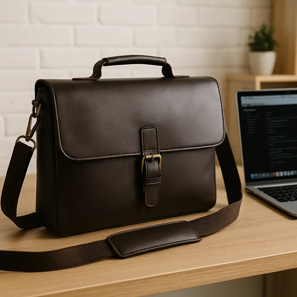 A dark brown leather laptop messenger bag on a wooden desk next to an open laptop, ideal for professionals needing style and practicality.