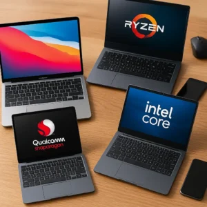 A modern desk setup with four laptops representing Intel, AMD Ryzen, Apple Silicon, and Qualcomm Snapdragon processors, alongside a mouse and smartphone.