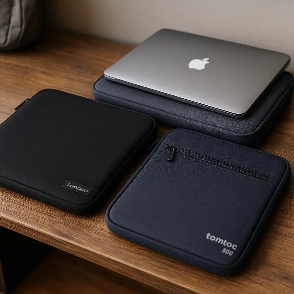 A sleek Lenovo, tomtoc, and Incase laptop sleeve arranged on a wooden desk, with a MacBook Air resting in the premium Incase sleeve—ideal for protection on the go.