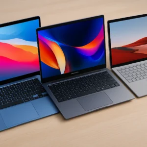 Three modern laptops from Apple, ASUS, and Microsoft displayed on a light wood desk, showcasing vibrant screens and sleek student-friendly designs.