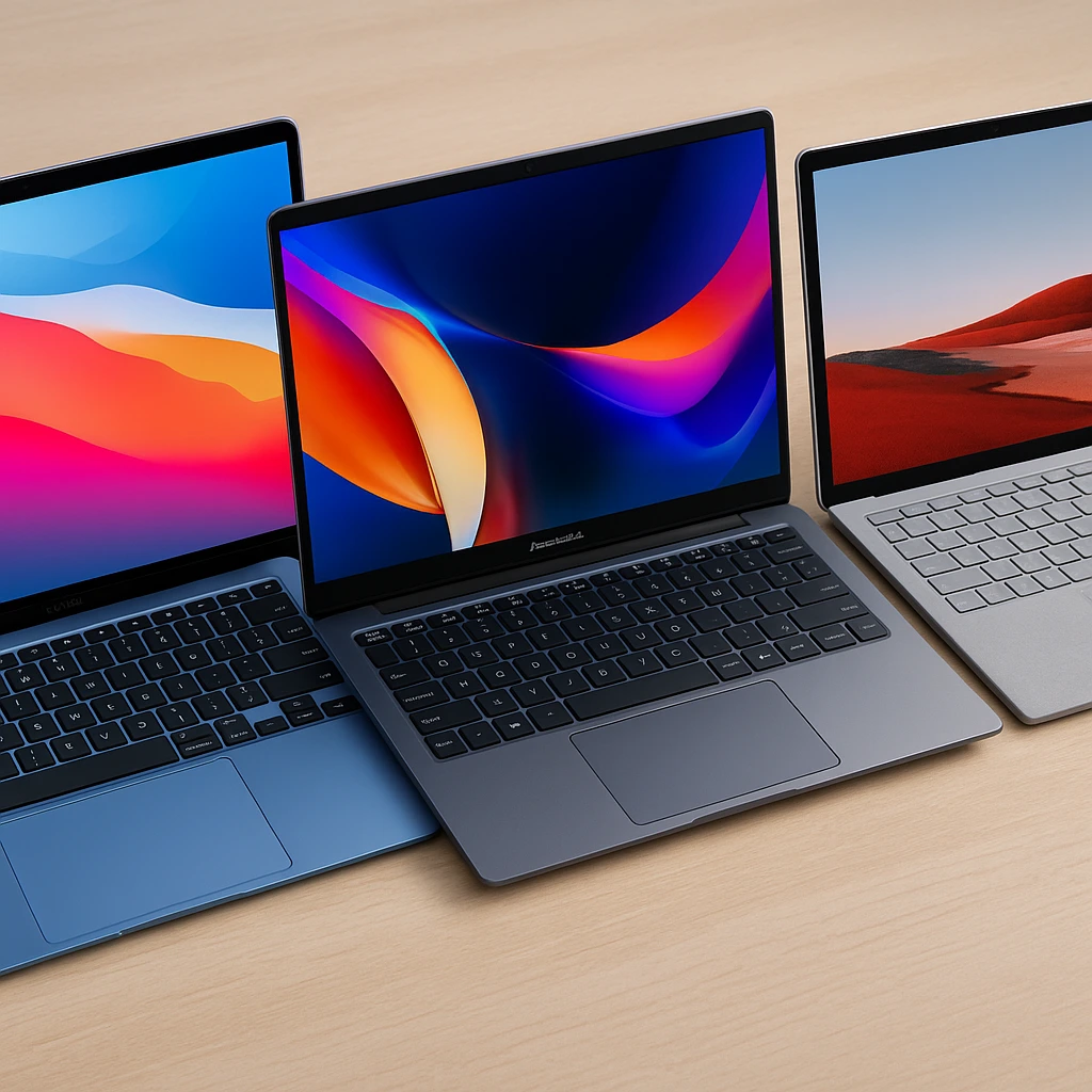 Three modern laptops from Apple, ASUS, and Microsoft displayed on a light wood desk, showcasing vibrant screens and sleek student-friendly designs.