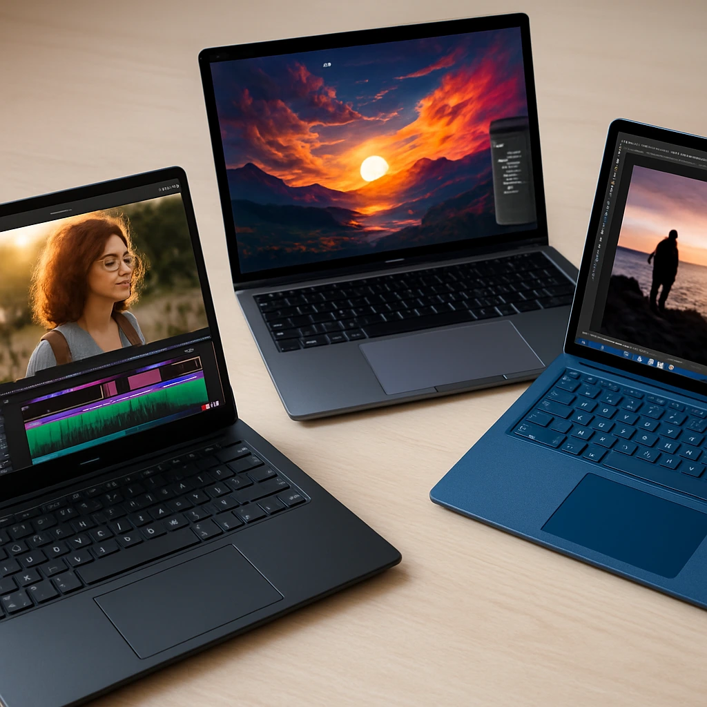 Three high-performance laptops on a creative desk setup, ideal for content creators working on video editing, graphic design, and digital art.