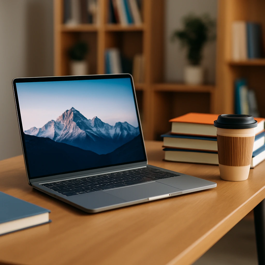 A sleek silver laptop on a wooden desk with a mountain wallpaper, surrounded by textbooks and a coffee cup in a bright study room.