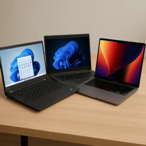 A Lenovo ThinkPad, Lenovo ThinkBook, and Apple MacBook Pro—side by side on a wooden desk, showcasing sleek multitasking-ready designs.