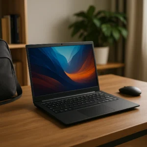 A modern workspace featuring a sleek budget laptop on a minimalist wooden desk, ideal for students or remote workers under $1000.