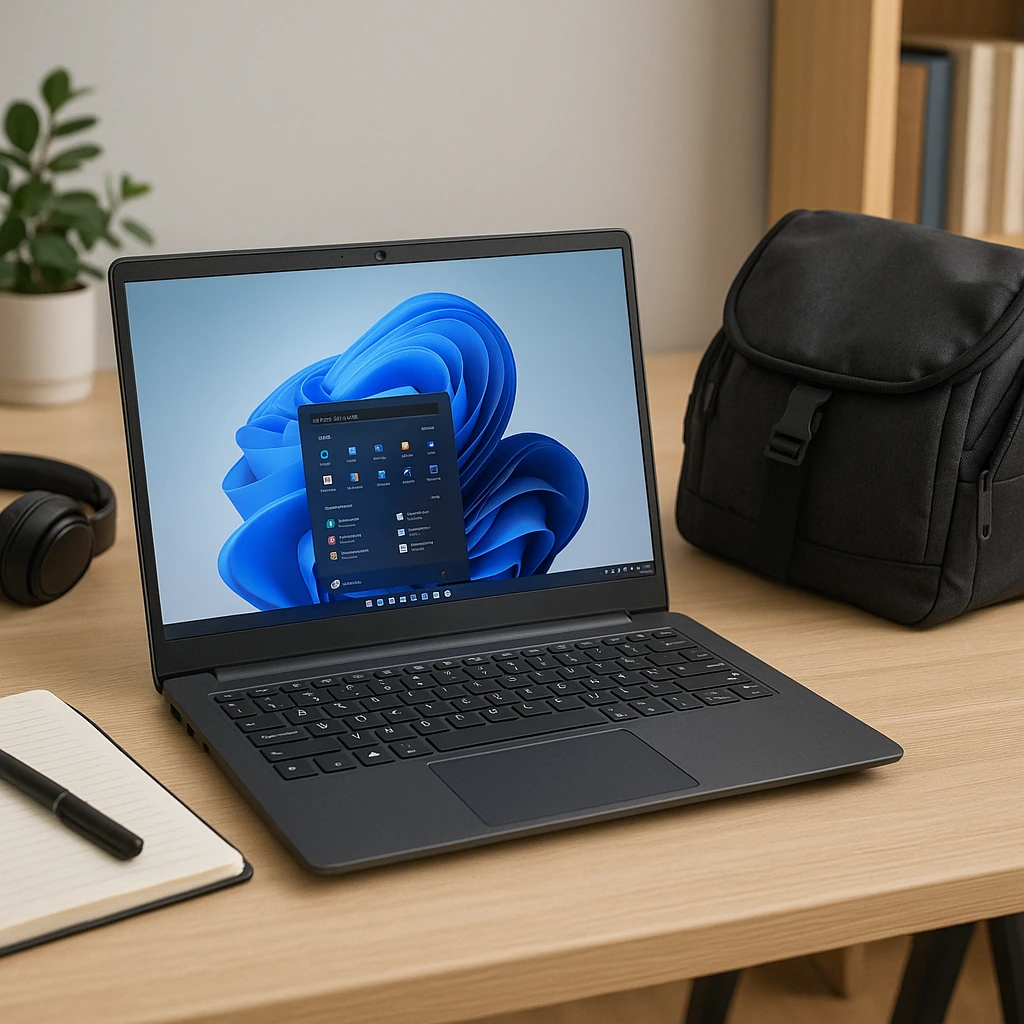 A budget-friendly 15-inch Windows laptop on a light wood desk alongside a black backpack, notebook, headphones, and small plant—ideal for students or casual users.