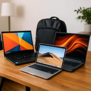 A modern workspace featuring three high-performance lightweight laptops displayed on a wooden desk, with a backpack and potted plant in the background.