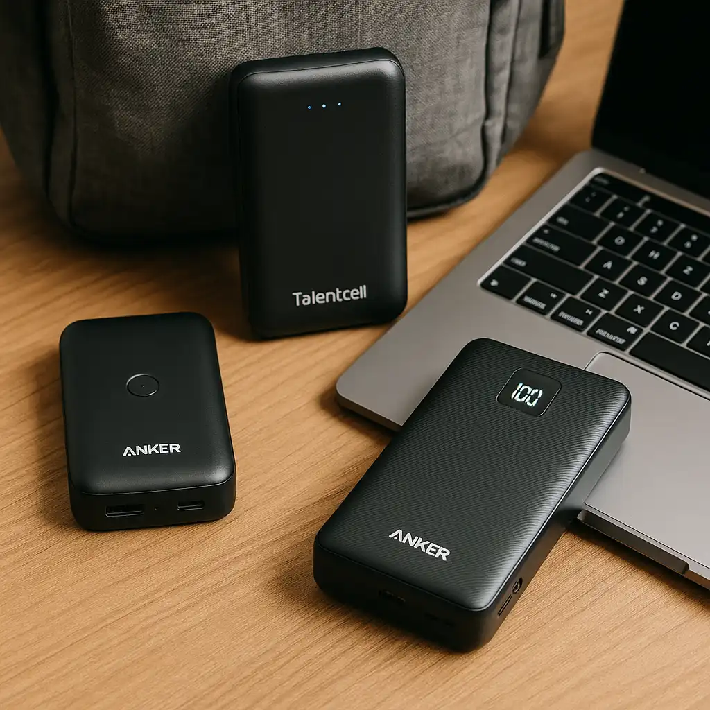 Three portable laptop chargers and power banks (Anker compact, Talentcell mid-range, and Anker premium model) placed on a wooden desk next to a laptop and backpack.