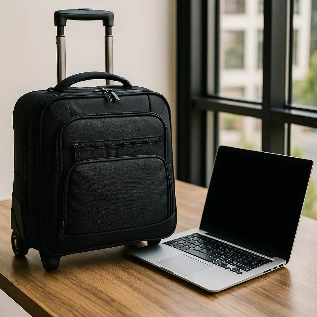 A black rolling laptop bag on a wooden desk next to a slim silver laptop, set by a large window with natural daylight in a business travel setting.