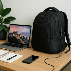 A black travel laptop backpack with USB charging port sits beside a silver laptop, notebook, and smartphone on a wooden desk, creating a clean travel-ready workspace.