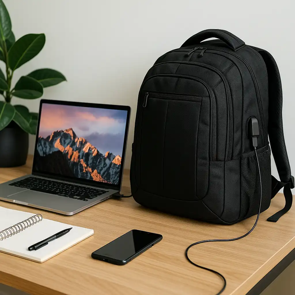 A black travel laptop backpack with USB charging port sits beside a silver laptop, notebook, and smartphone on a wooden desk, creating a clean travel-ready workspace.