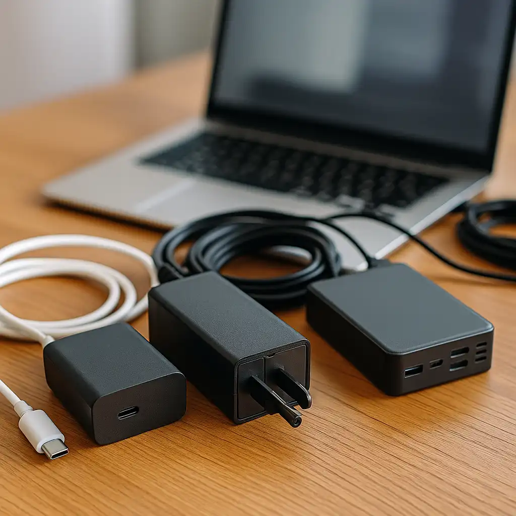A photograph presents three laptop power adapters on a wooden desk alongside a laptop, showing compact, mid-sized, and multi-port universal chargers.