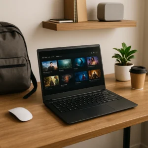 A modern home workspace during daylight, featuring an open laptop on a clean wooden desk with a coffee mug and notebook—ideal for budget-conscious users seeking the best value for money laptops.