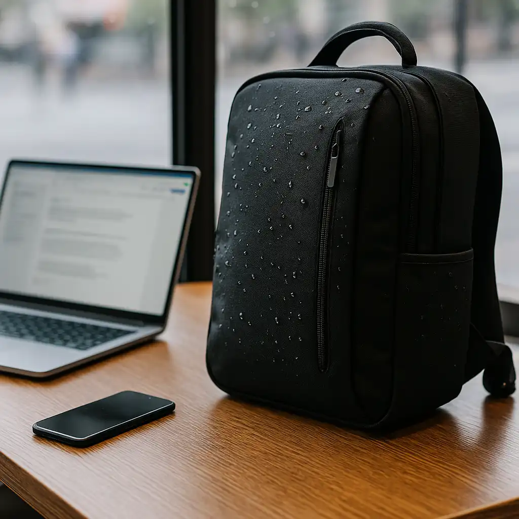 A waterproof laptop backpack resting on a train seat, designed for commuters carrying laptops and daily essentials safely.