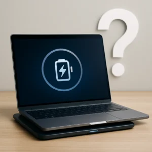 A modern slim laptop placed on a wireless charging pad with a glowing question mark nearby, symbolizing uncertainty about wireless laptop charging.