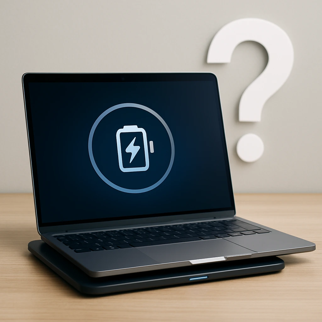 A modern slim laptop placed on a wireless charging pad with a glowing question mark nearby, symbolizing uncertainty about wireless laptop charging.