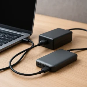 A modern silver-gray laptop charging on a wooden desk with its original charger and a connected USB-C power bank.