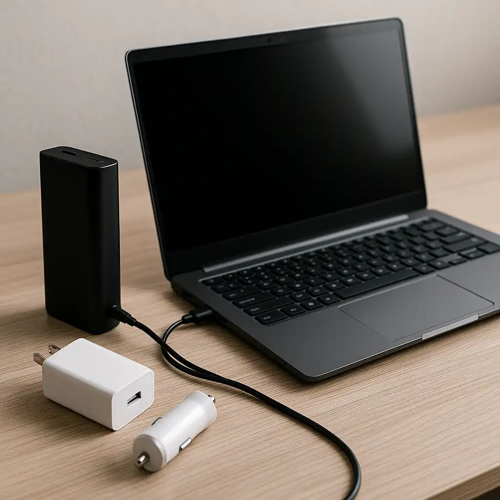 An open laptop on a wooden desk connected to a power bank, with a wall charger and car adapter placed nearby.