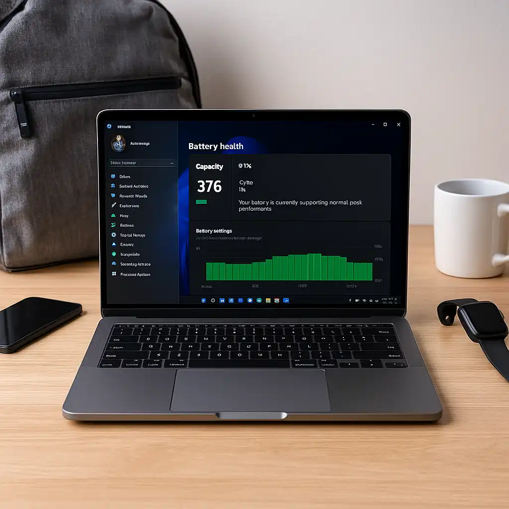 A modern laptop on a desk showing battery health details with cycle count and capacity, next to a smartphone, backpack, and smartwatch.