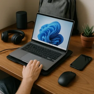 A laptop on a wooden desk with a wireless mouse, headphones, a smartphone, and a small potted plant, ideal for everyday productivity.