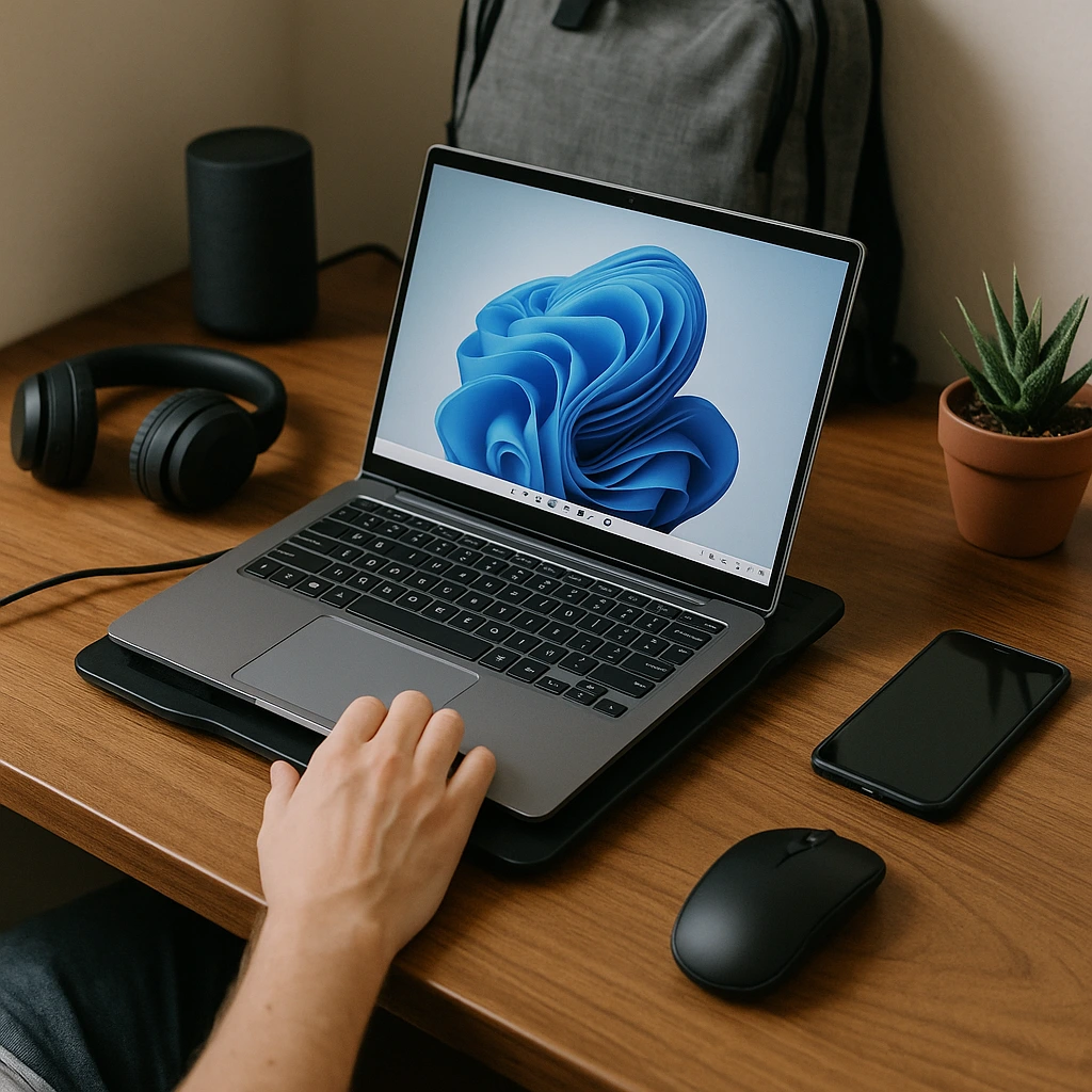 A laptop on a wooden desk with a wireless mouse, headphones, a smartphone, and a small potted plant, ideal for everyday productivity.