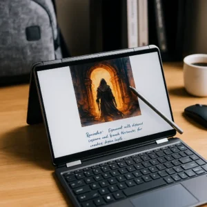 A sleek HP Spectre x360 14 OLED laptop on a modern desk setup, ideal for students, professionals, and remote work.