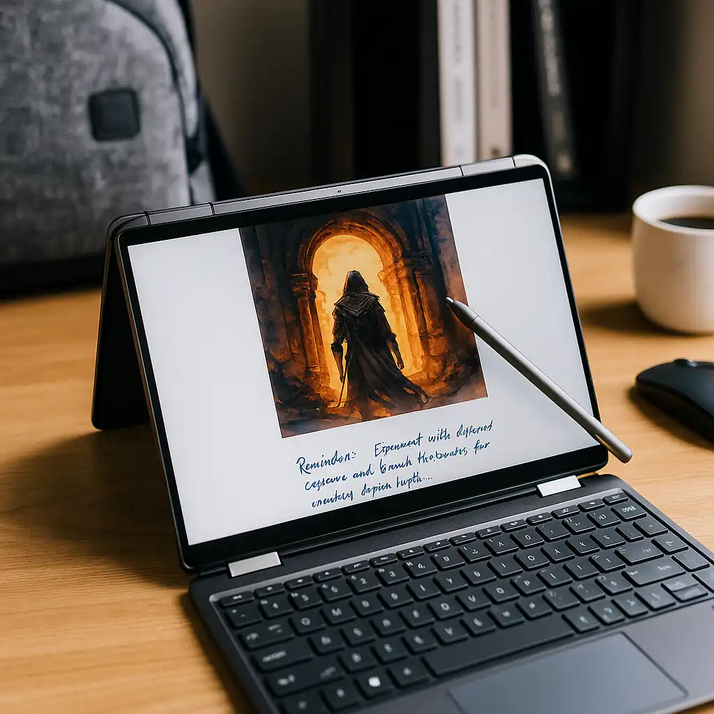 A sleek HP Spectre x360 14 OLED laptop on a modern desk setup, ideal for students, professionals, and remote work.