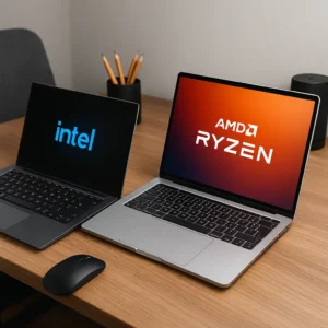 Two modern laptops side by side on a wooden desk, one representing Intel Core Ultra and the other AMD Ryzen 7000, with a coffee mug and notebook nearby.