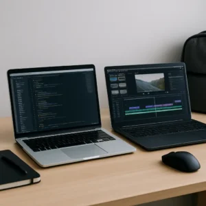 Two laptops side by side on a wooden desk, one running a code editor and the other video editing software, symbolizing Intel vs AMD laptop performance.