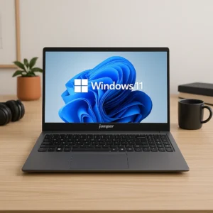 A digital photograph showcases a Jumper laptop open on a light wooden desk, displaying the Windows 11 home screen in crisp detail.