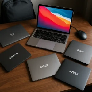 Six laptops from major brands including Apple, Dell, Lenovo, ASUS, Acer, and MSI arranged on a wooden desk, symbolizing a laptop brand comparison guide.
