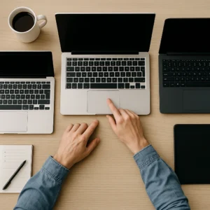 A person comparing three laptops on a desk with open screens, showcasing different models and sizes for buying decisions.
