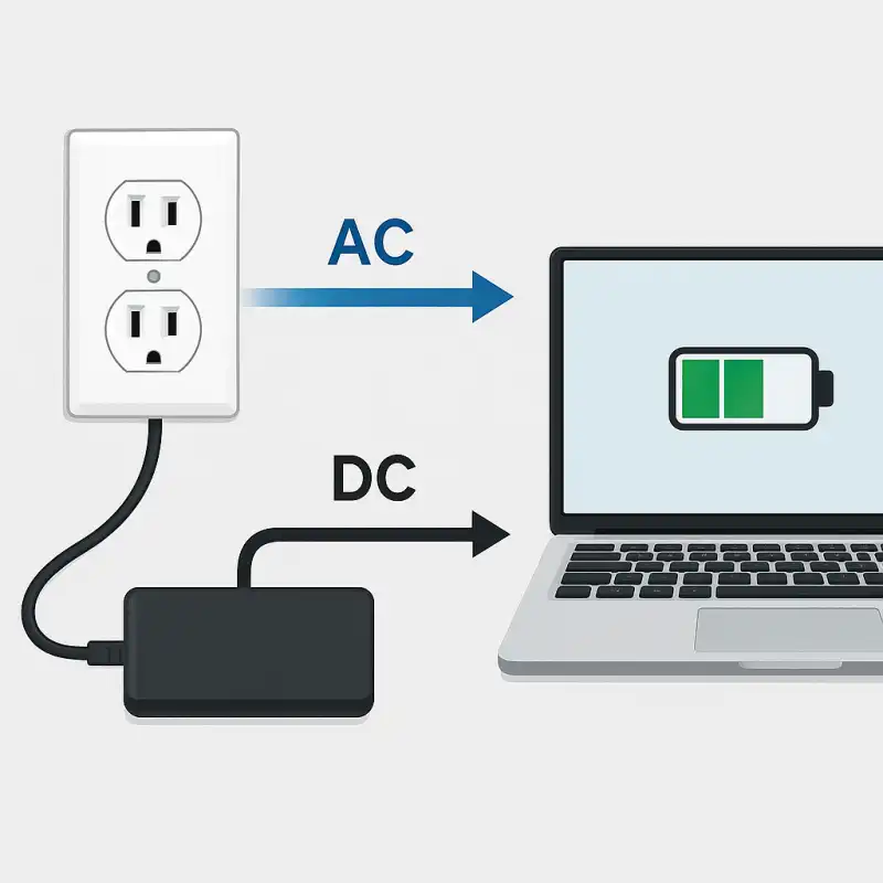 Simplified diagram showing AC power from a wall outlet going into a charger, which converts it to DC power for a laptop.