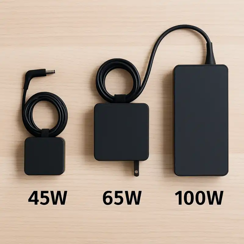 Three laptop chargers placed side by side on a wooden surface, labeled 45W, 65W, and 100W, showing the size and wattage differences.