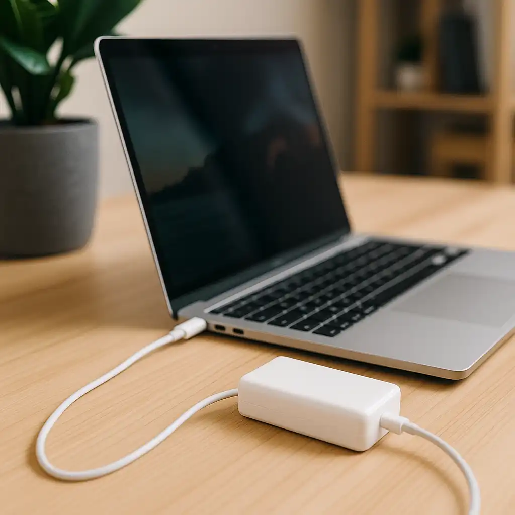 A silver laptop charging on a wooden desk with a white power adapter, next to a small green plant in a planter, in a bright home office setting.
