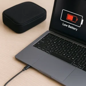 Close-up of a modern laptop connected to its charging cable on a wooden desk, highlighting the charging port and adapter.