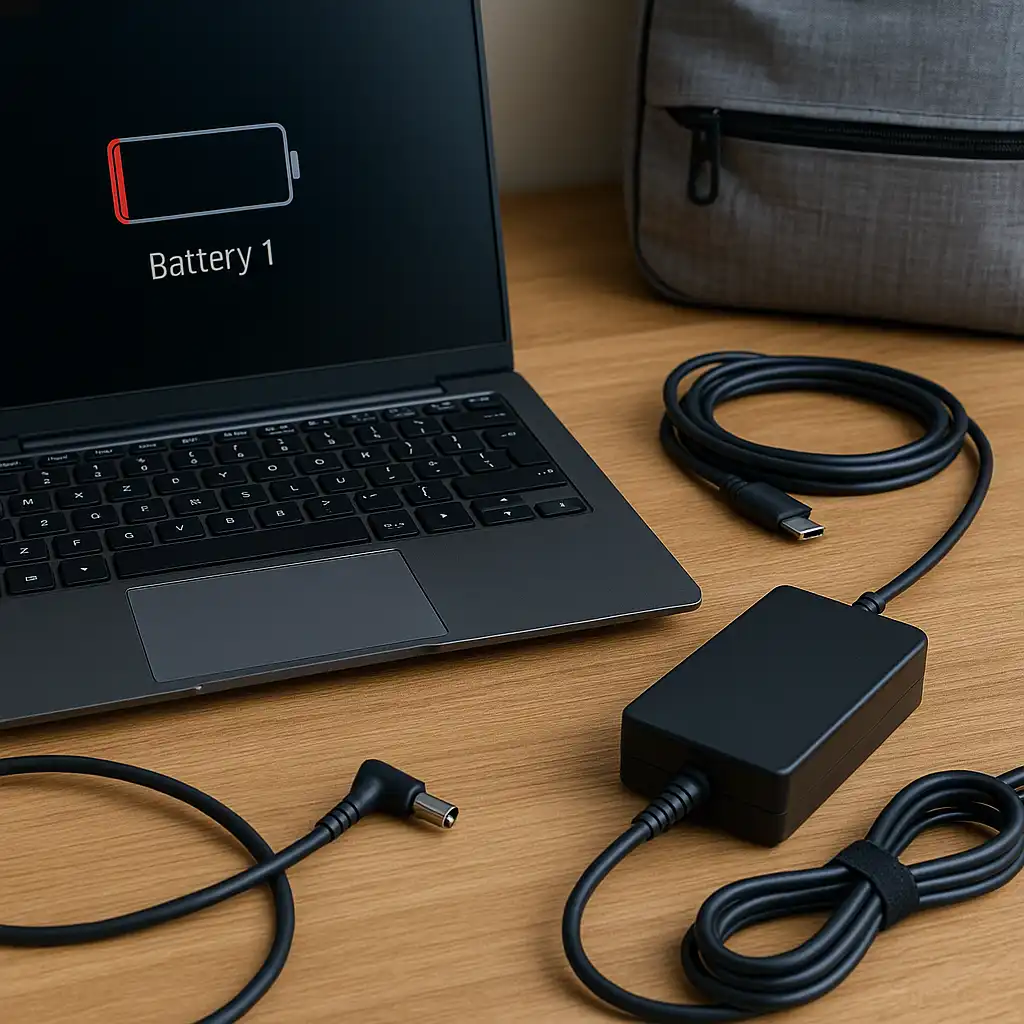 A laptop on a wooden desk shows a low battery warning while connected to a charger, with cables and a backpack nearby.