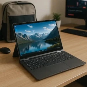 A sleek Lenovo 2-in-1 convertible laptop in laptop mode on a light wood desk, with a backpack, wireless mouse, and potted plant in the background, ideal for work or study setups.