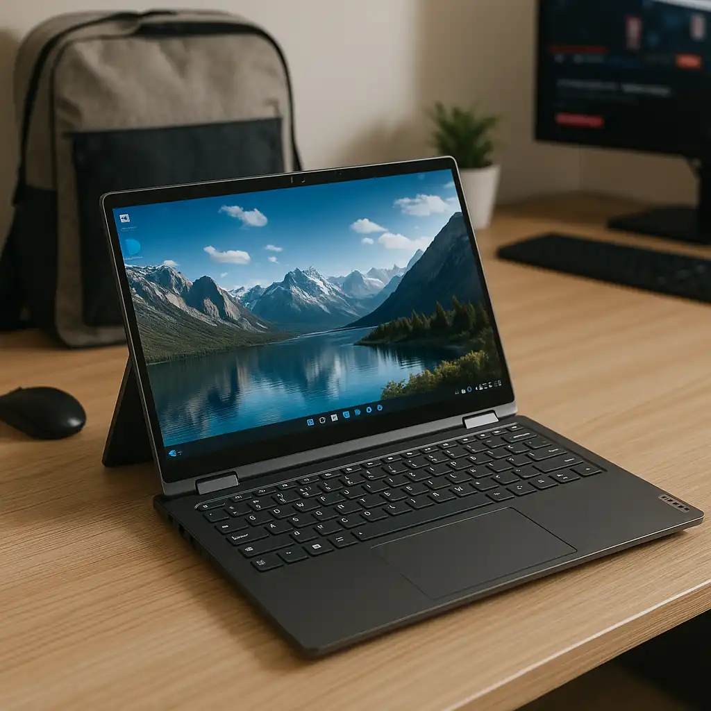 A sleek Lenovo 2-in-1 convertible laptop in laptop mode on a light wood desk, with a backpack, wireless mouse, and potted plant in the background, ideal for work or study setups.