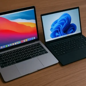 A MacBook and a Windows laptop side by side on a wooden desk, showing macOS and Windows 11 screens in a realistic workspace setup.