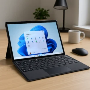 Microsoft Surface Pro 2-in-1 laptop on a wooden desk with Windows 11 Copilot+ interface, next to a wireless mouse, coffee mug, and desk plant.