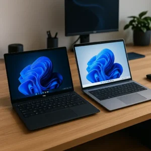 A photograph featuring side-by-side open laptops on a wooden desk, showcasing Snapdragon vs Intel laptop comparison in a home office setup.