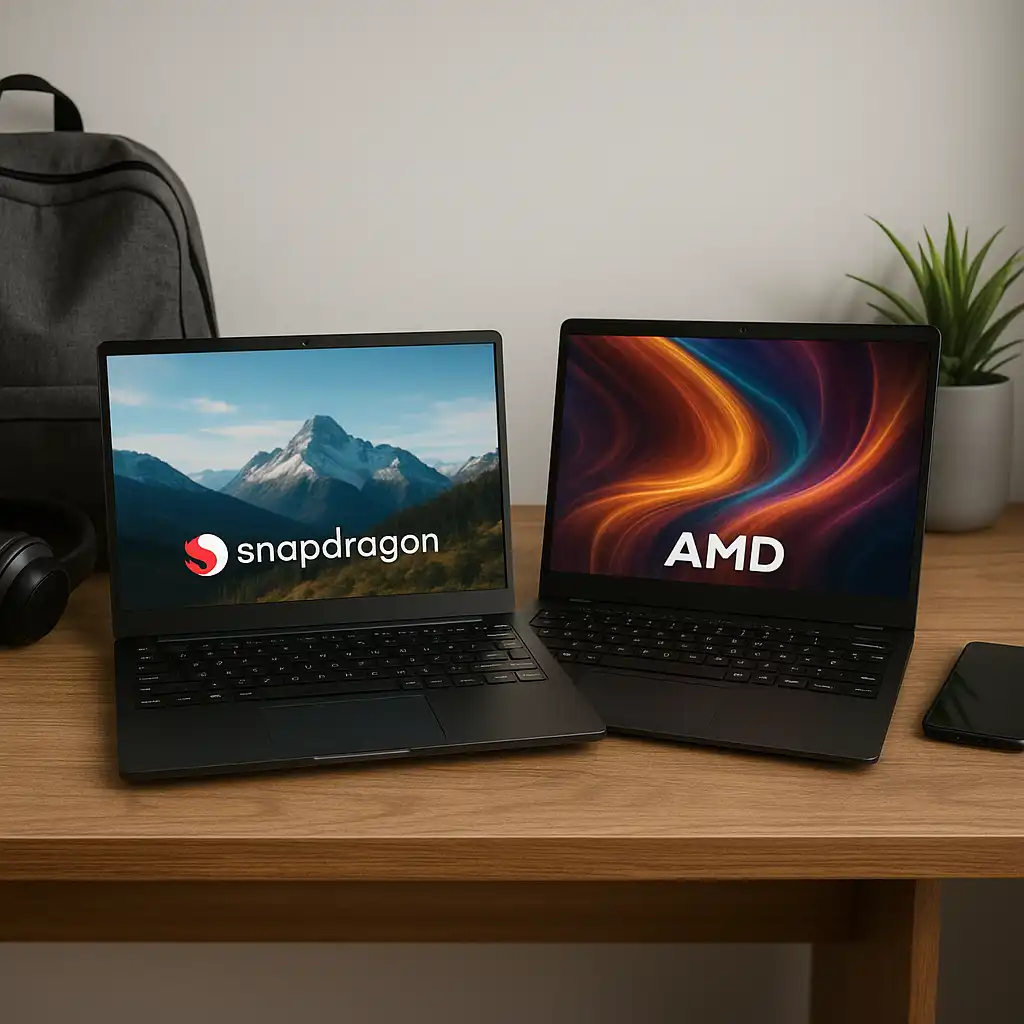 A workspace setup featuring two laptops side by side, one representing Snapdragon and the other AMD, with accessories like a backpack, smartphone, and headphones on a wooden desk.